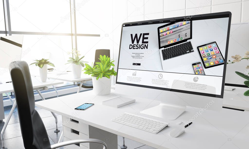 computer with WE DESIGN text on screen, modern office workplace, 3d rendering