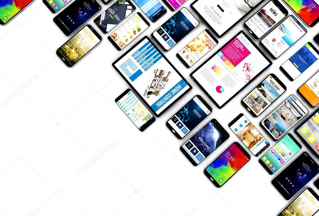 top view of different modern devices collection, isolated on white background