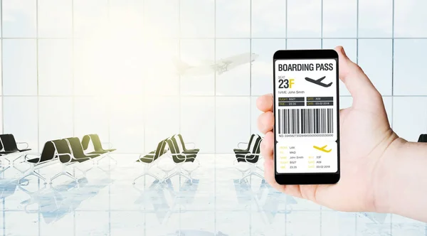 male hand smartphone with boarding pass application