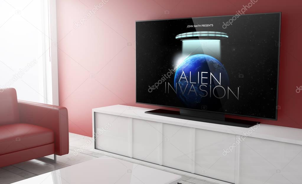 big screen smart tv at living room with sci-fi movie on screen, 3d rendering