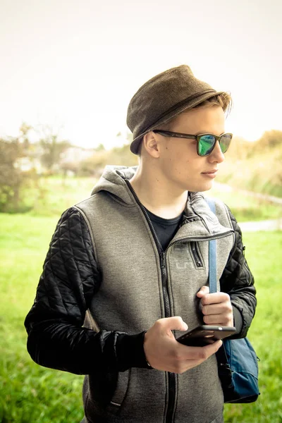 Young Handsome Man Walking Using Smartphone — Stock Photo, Image