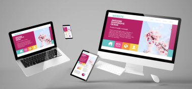 cihazlar ile Web duyarlı tasarım, 3d render gri arka plan üzerinde uçan