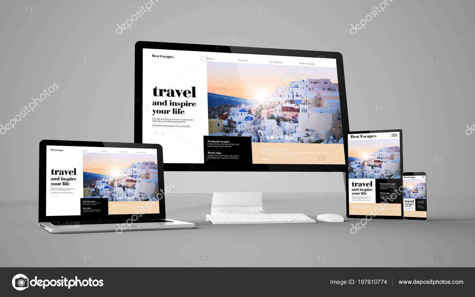 Devices Travel Agency Website Responsive Design Rendering Stock Photo by  ©georgejmclittle 187810774