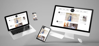 Moda blog web sitesi, duyarlı tasarım, 3d render ile uçan aygıtları