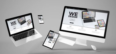 Biz tasarım web sitesi, duyarlı tasarım, 3d render ile uçan aygıtları