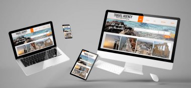 Seyahat Acentası Web sitesi, duyarlı tasarım, 3d render ile uçan aygıtları