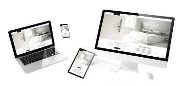 otel Web sitesi tasarımı, duyarlı tasarımı, 3d render aygıtlarla uçan