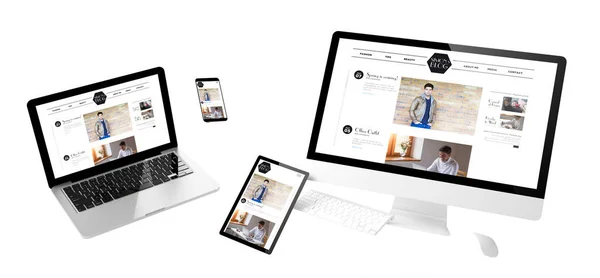 Fliegende Geräte Mit Modeblog Website Responsives Design Rendering — Stockfoto