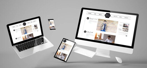 flying devices with fashion blog website, responsive design, 3d rendering