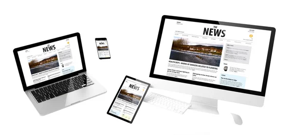 Flygande Enheter Med Nyhetswebbplats Responsiv Design Rendering — Stockfoto