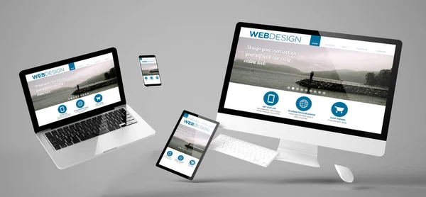 Dispositivi Volanti Con Sito Web Web Design Responsive Design Rendering — Foto Stock