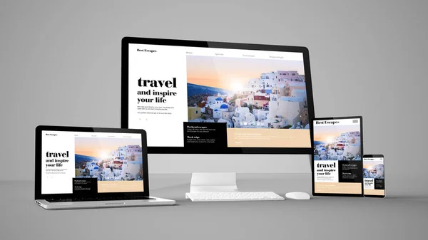 devices with travel agency website, responsive design, 3d rendering