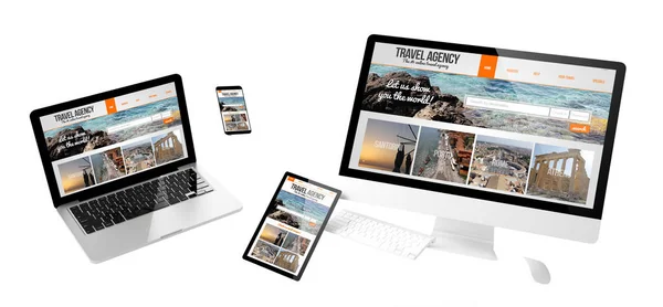 Vliegende Apparaten Met Reisbureau Website Responsive Ontwerp Rendering — Stockfoto