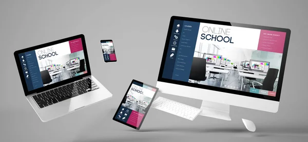 Vliegende Apparaten Met Online School Website Responsive Ontwerp Rendering — Stockfoto