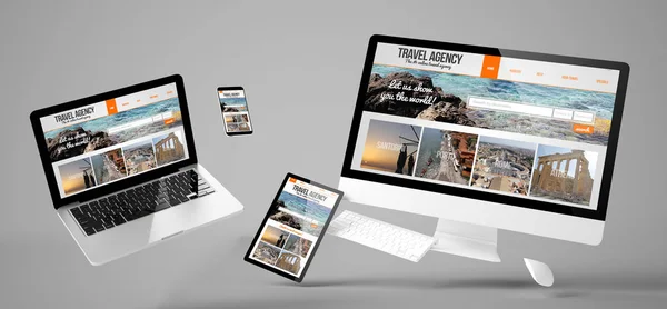 Seyahat Acentası Web Sitesi Duyarlı Tasarım Render Ile Uçan Aygıtları — Stok fotoğraf