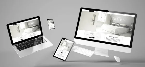 Dispositivos Vuelo Con Diseño Del Sitio Web Del Hotel Diseño —  Fotos de Stock