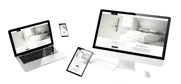 Vliegende Apparaten Met Hotel Websiteontwerp Responsive Design Rendering — Stockfoto