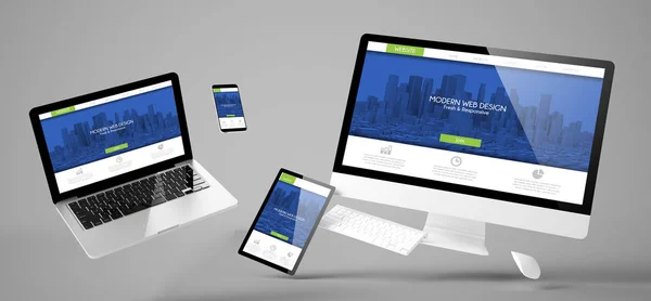 Vliegende Apparaten Met Moderne Ontwerp Website Responsive Ontwerp Rendering — Stockfoto