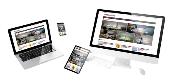 Flygande Enheter Med Magazine Webbplats Responsiv Design Rendering — Stockfoto