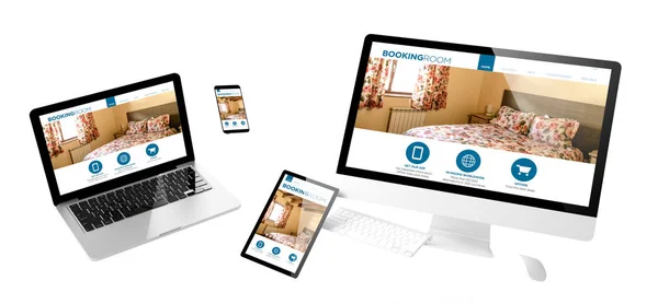 Vliegende Apparaten Met Boeking Kamer Website Responsive Ontwerp Rendering — Stockfoto