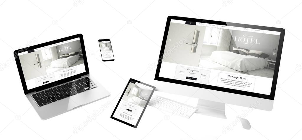 flying devices with hotel website design, responsive design, 3d rendering