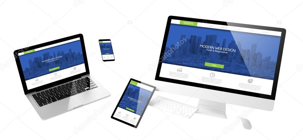 flying devices with modern website design , responsive design, 3d rendering