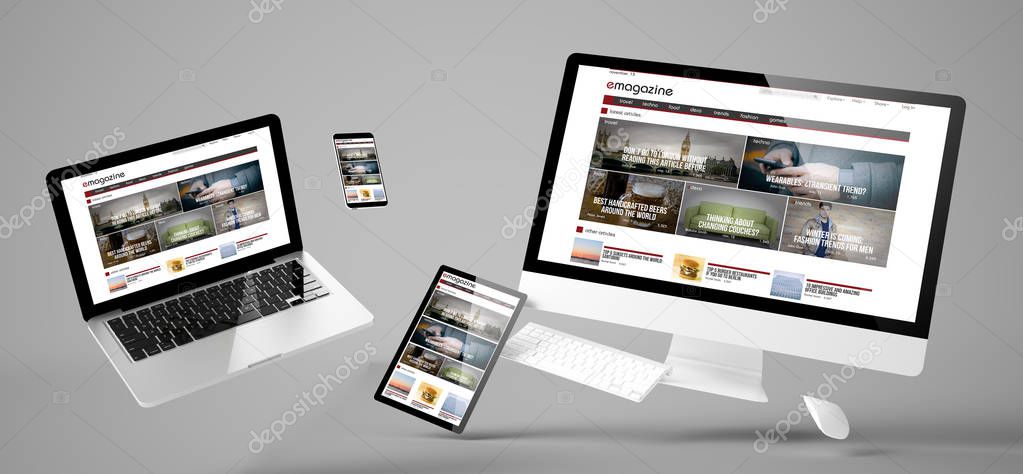 flying devices with e-magazine website, responsive design, 3d rendering