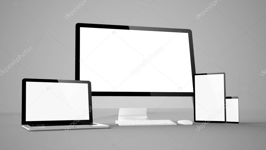 computer gadgets with white blank screens, 3d rendering