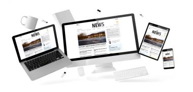office stuff and devices with news website, 3d rendering clipart