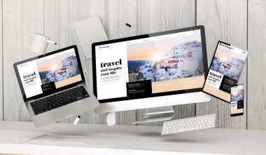 Seyahat blog web sitesi, 3d render ile ofis cihazları