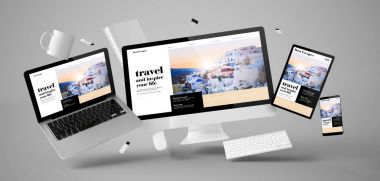 Seyahat blog web sitesi, 3d render ile ofis cihazları