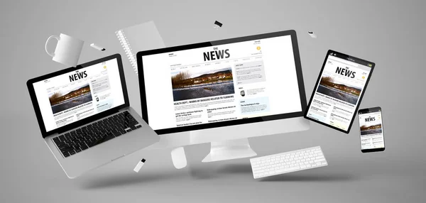 Material Oficina Dispositivos Con Sitio Web Noticias Renderizado — Foto de Stock