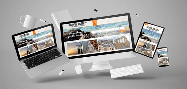 office devices with travel agency website, 3d rendering