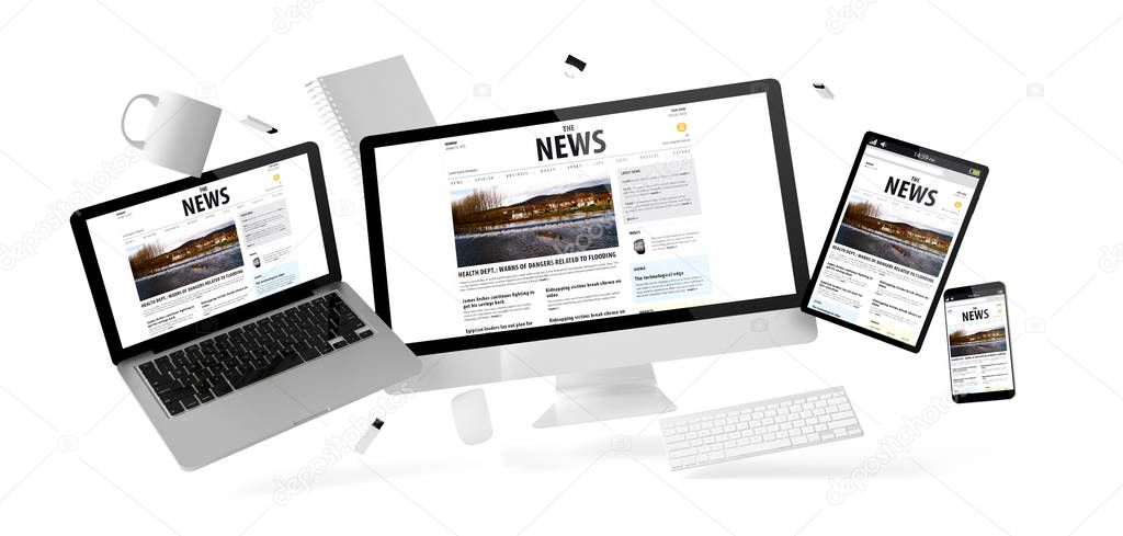 office stuff and devices with news website, 3d rendering