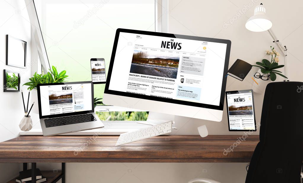 office stuff and devices with news website, 3d rendering
