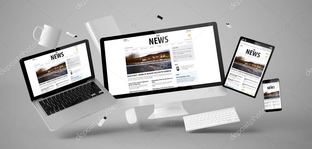 office stuff and devices with news website, 3d rendering