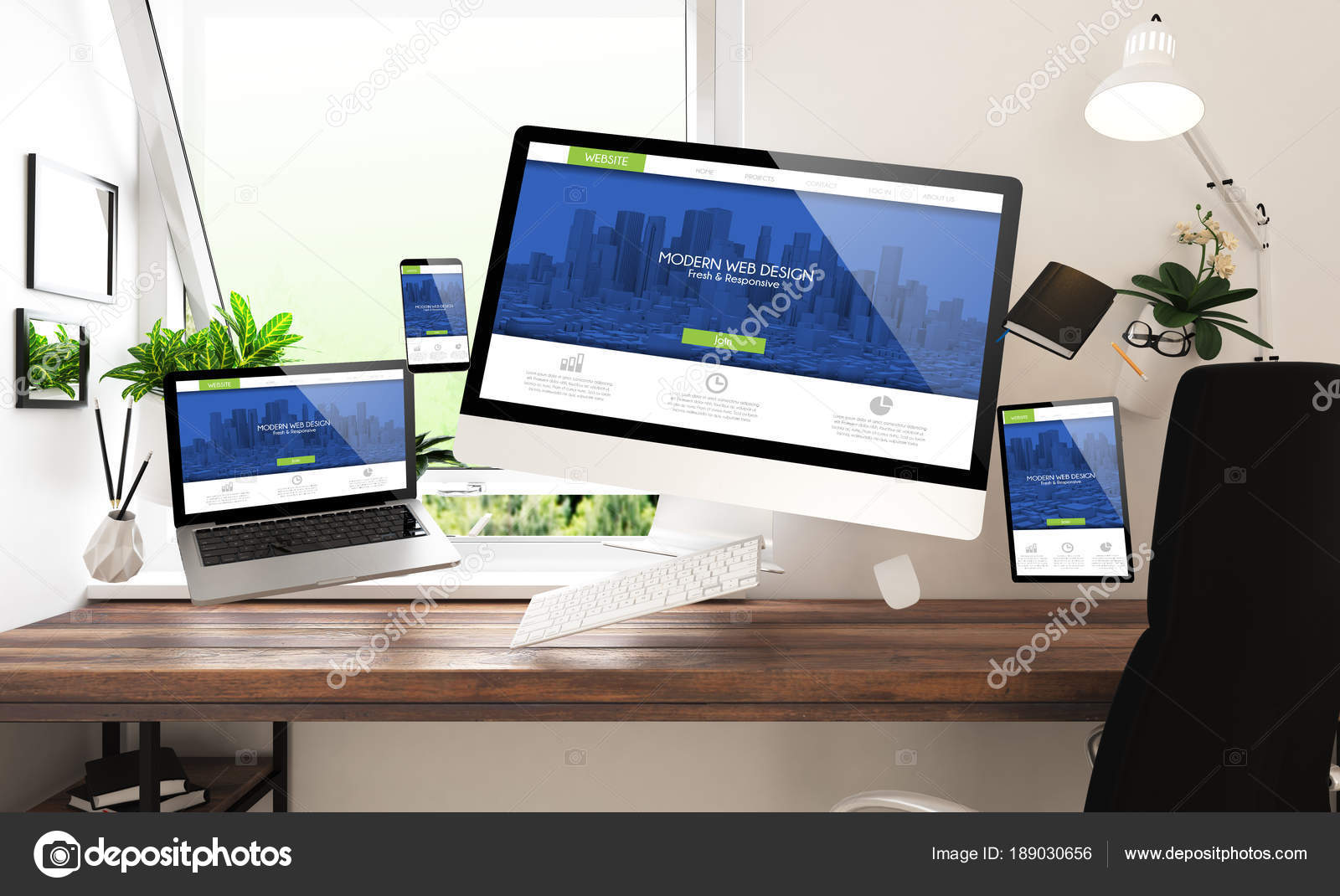 Rendering Office Gadgets Showing Modern Web Design Website Stock
