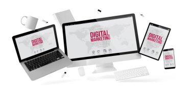 3d render izole dijital pazarlama web sitesi ile ofis cihazları