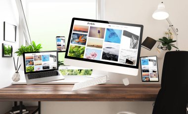 evde, Portföy aygıtlarla yüzen 3d render