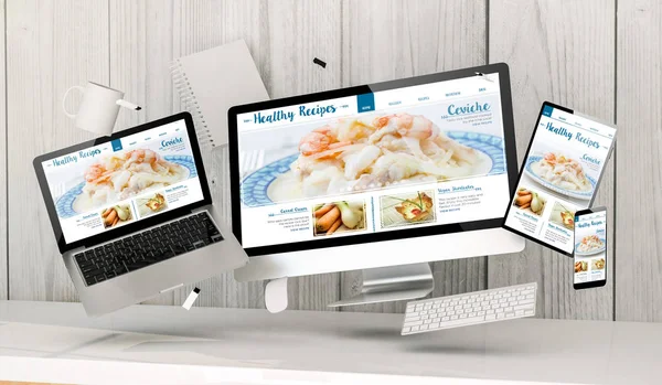 3d rendering of office gadgets showing healthy recipes website