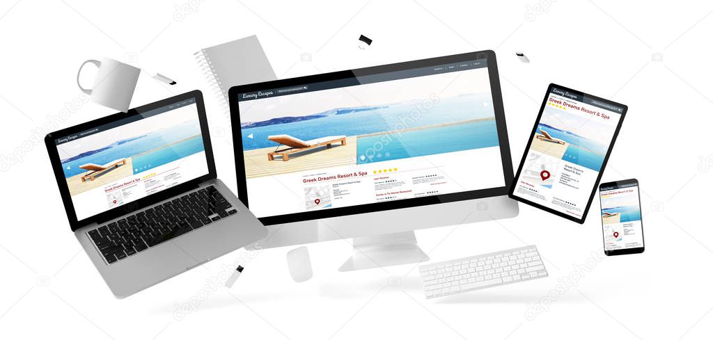 office devices with deluxe resort website, 3d rendering