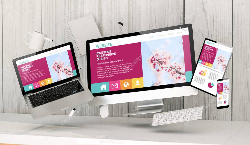 3d rendering of office gadgets showing responsive homepage website 