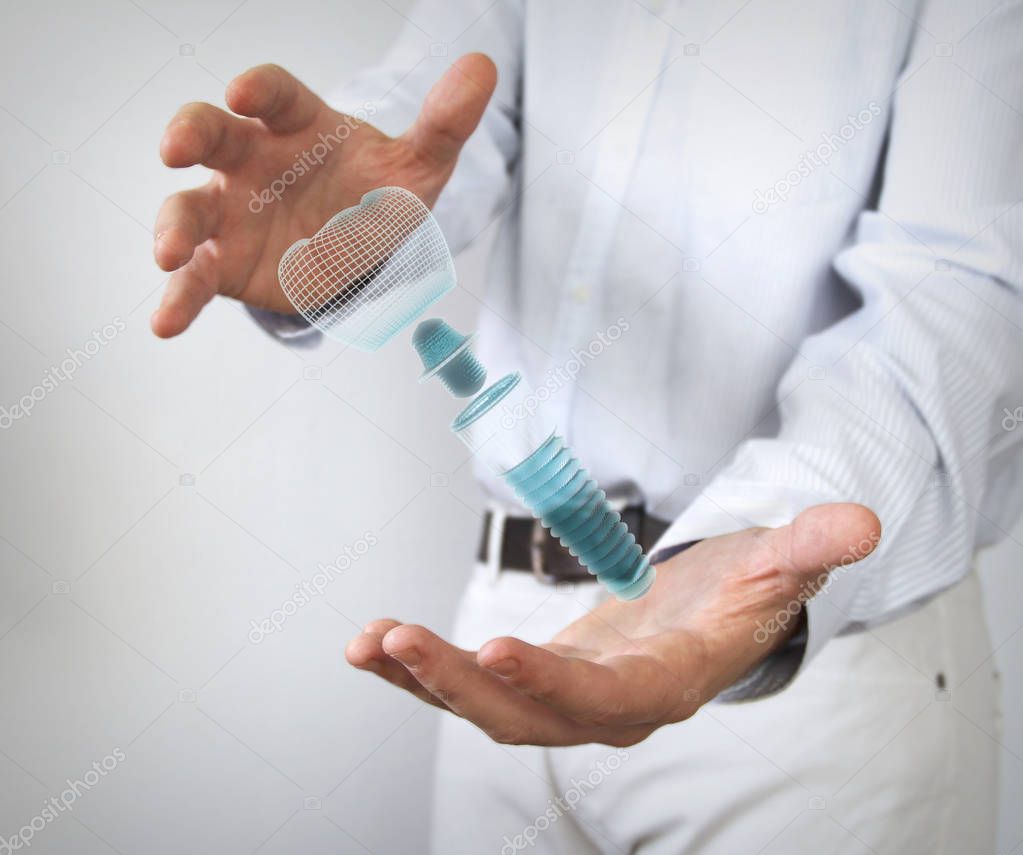 doctor holding dental prosthesis in hands, 3d rendering 