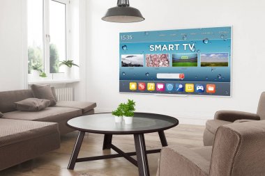 Modern panoramik akıllı TV'de 3d işleme oturma odası ile akıllı tv ekranında