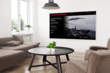 3d render salon ekranda akarsu serisi ile modern panoramik akıllı tv