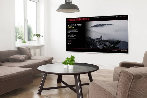Modern Panorama Cerdas Pada Rendering Ruang Tamu Dengan Seri Streaming — Stok Foto