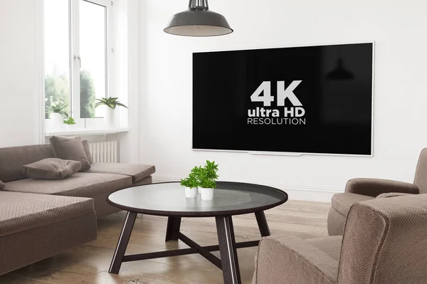 现代全景智能电视3D 渲染客厅4K 屏幕上 — 图库照片