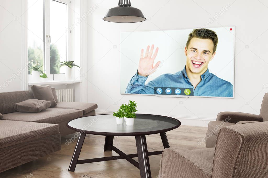 modern panoramic smart tv on a 3d rendering living room with video call on screen