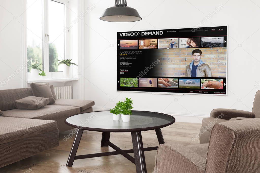 modern panoramic smart tv on 3d rendering living room