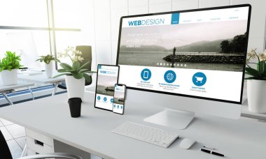 web tasarım ekran cihazlar mockup office 3d render coworking